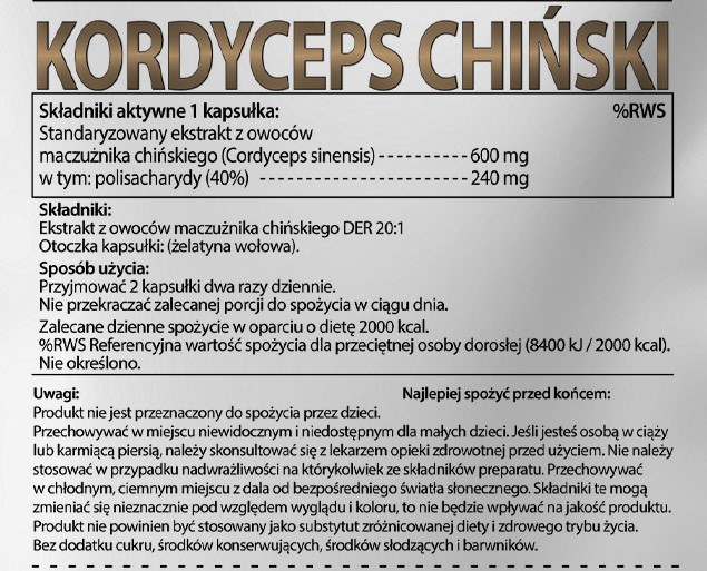 Kordyceps 600 mg Ekstrakt 4:1 w kapsułkach 60 sztuk. Nowość !