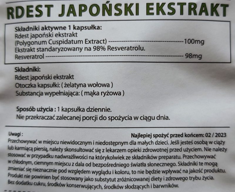 Resveratrol Ekstrakt Rdesta Japońskiego 100mg standaryzowany na 98% RESVERATROLU 60 kap.