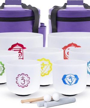 Zestaw kryształowych mis dźwiękowych z symbolem czakry 432 Hz. 7 szt. + 2x torby Gratis! Nowość !