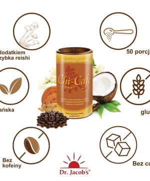 Chi-Cafe free 250g bezkofeinowa kawa czarna i zielona+Grzybek reishi+żeń-szeń+kokos+Magnez i witamina B12
